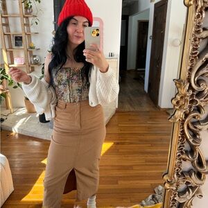 Corduroy midi skirt with front slit